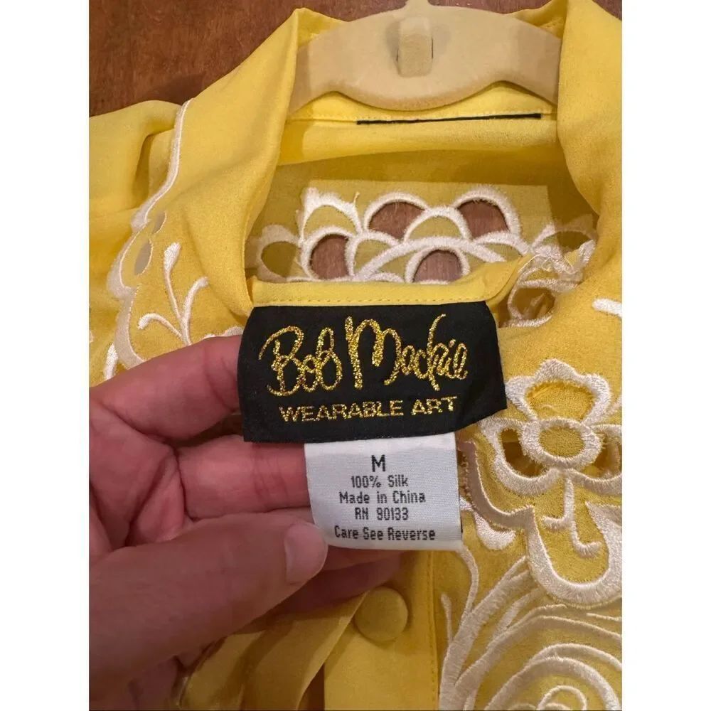 Vintage Bob Mackie Wearable Art 100% Silk Embroidered Blouse Medium Yellow Cutwo - Picture 2 of 5